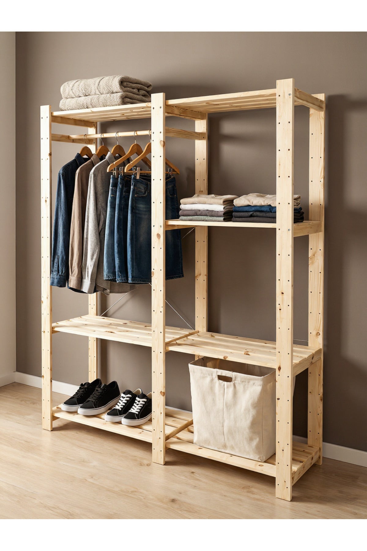 Modüler Ahşap Raf Sistemi | Genişletilebilir Masif Çam Açık Gardırop, Kiler Rafı, Giysi Rafı, Kitaplık ve Depolama Ünitesi
